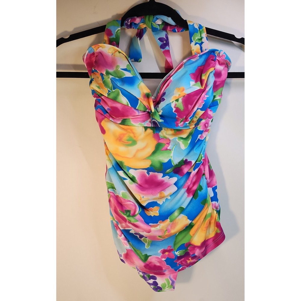 Jantzen Womens Floral Halter One Piece Swimsuit Multicolor Ruched SZ 8 Tropical